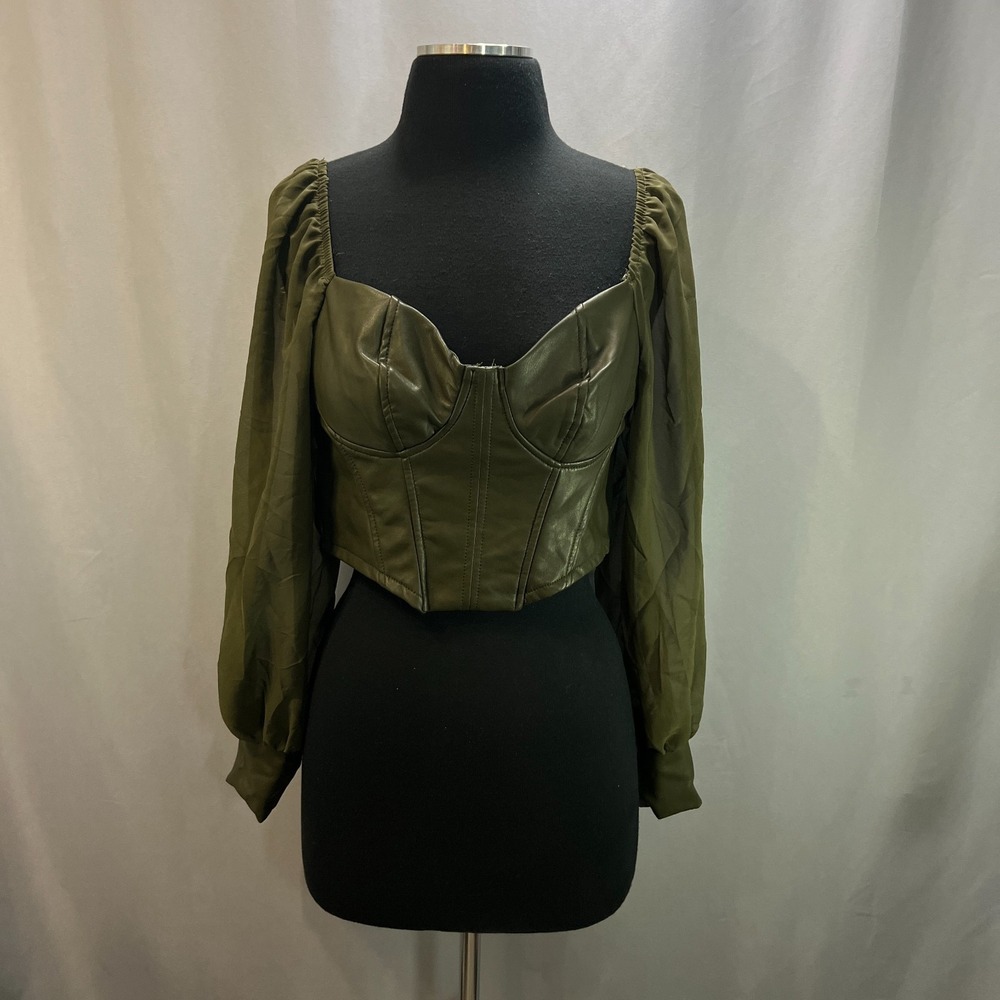 Haute Monde Cropped Top Womens Medium Olive Green Faux Leather Puff Sleeves